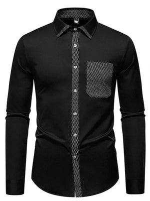 Black slim fit shirt with polka dot trim on collar, placket, and pocket.