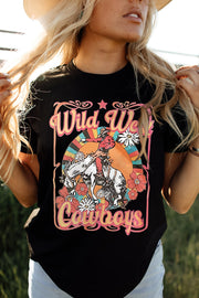 Black t-shirt with Wild West Cowboys graphic featuring a cowboy on a horse and flowers.