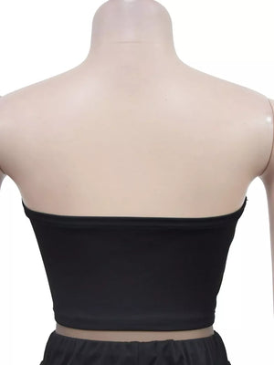 Black tube top with wide-leg pants, casual women's outfit set.