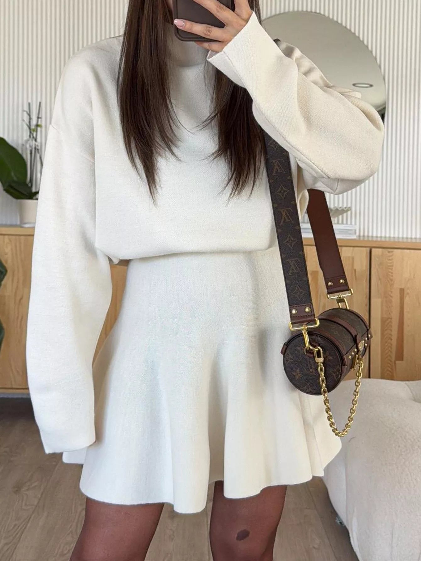 White turtleneck sweater and flared skirt set, casual knit outfit for women