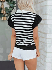 Black and white striped cotton blouse with ruffled sleeves and a white collar.