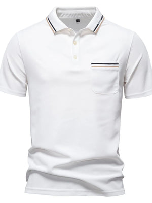 White polo shirt with contrast trim on collar and pocket