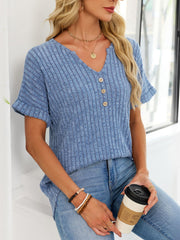 Dusty Blue ribbed knit short sleeve t-shirt with V-neck and decorative buttons.