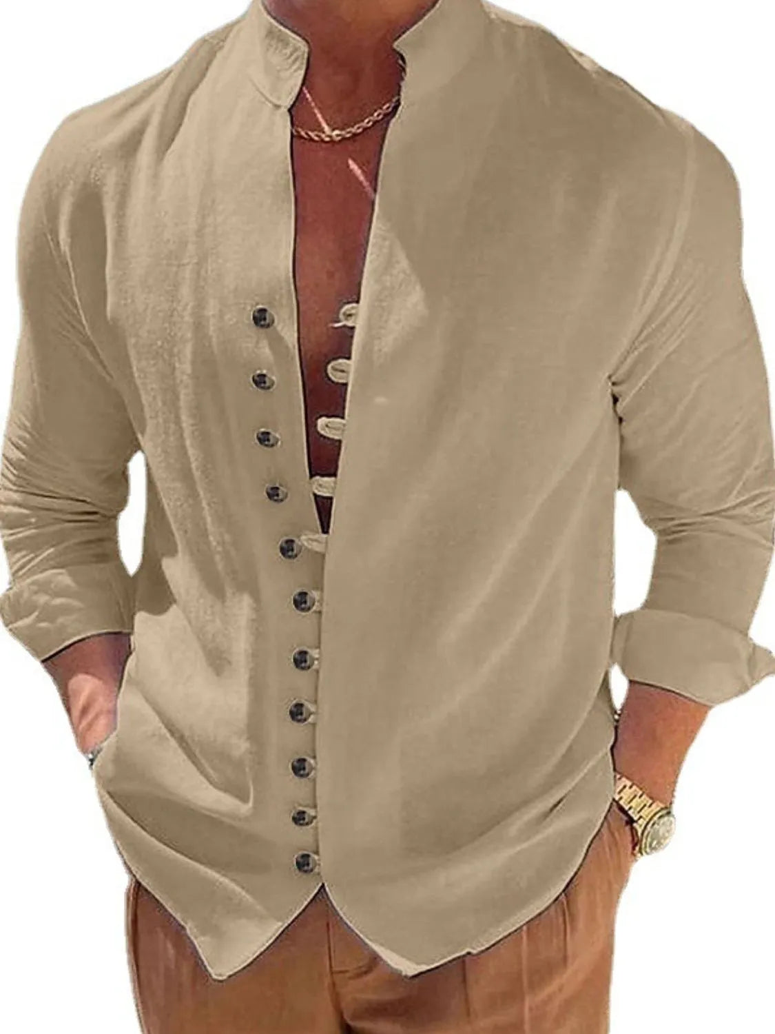 Khaki linen shirt with mandarin collar and button placket detail
