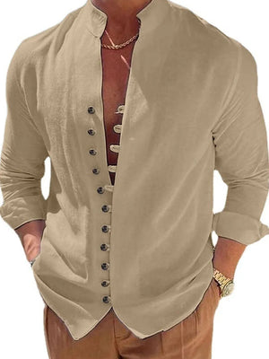 Khaki linen shirt with mandarin collar and button placket detail