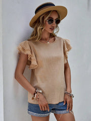 Khaki linen blend top with pom-pom trimmed ruffle sleeves and round neckline.