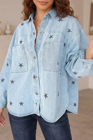 Light Wash Star Print Denim Jacket in Light Blue, front view