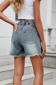 Air Force Blue denim shorts with frayed scallop hem and studded detail