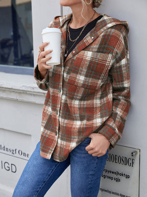 Plaid hooded shacket in brown with relaxed fit, button front, and chest pockets.