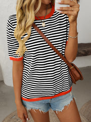 Retro stripe knit tee with contrast trim in black and red, crew neck, short sleeves.