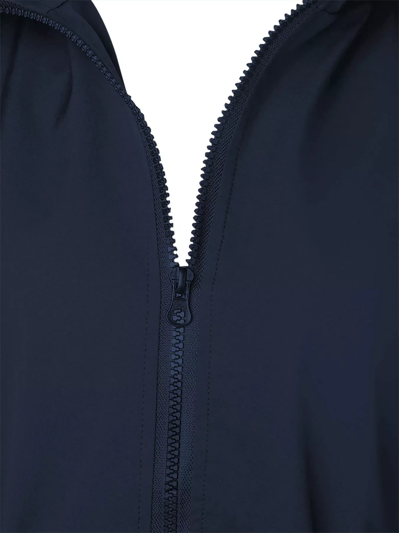 Dark blue waterproof hooded zip-up jacket with a black zipper detail.