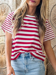 Red and white striped cotton blend t-shirt with round neck and short sleeves