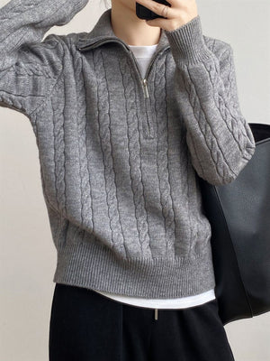 Dark Gray cable knit quarter-zip pullover sweater with a collared neckline.