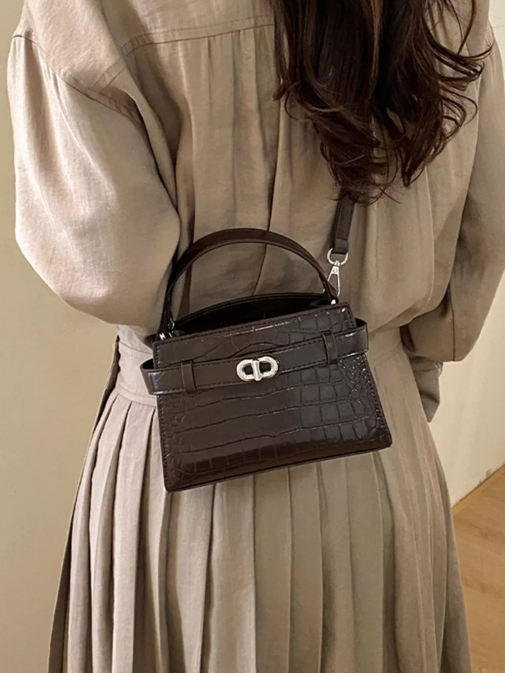 Crocodile Embossed Crossbody Bag in Brown, front view