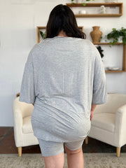 Gray oversized bamboo tee and biker shorts set, back view