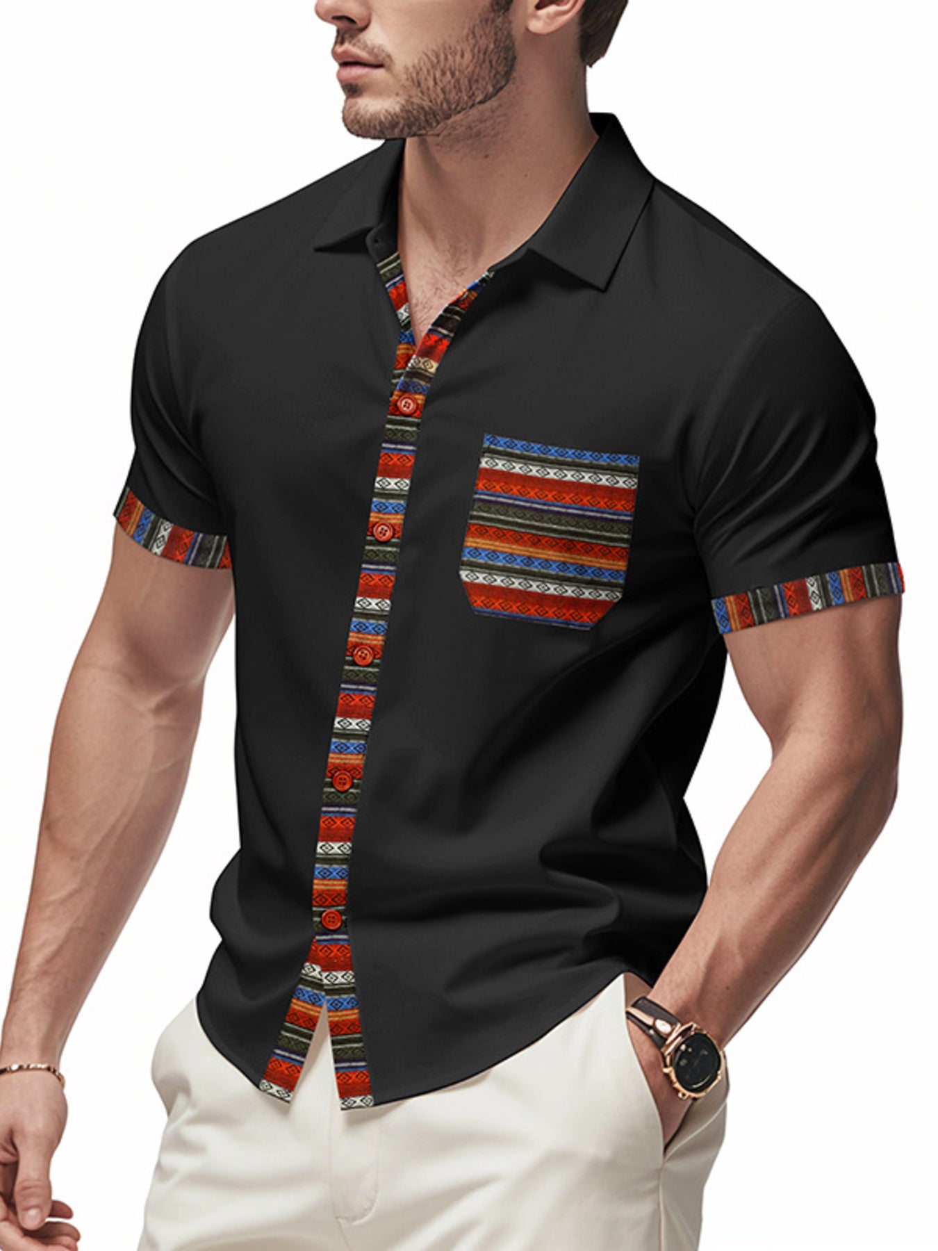 Black cotton short sleeve button-down shirt with vibrant trim on placket, pocket, and cuffs.