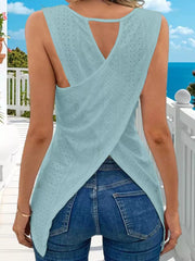 Sky blue openwork knit tank top with crisscross back detail and crew neck.