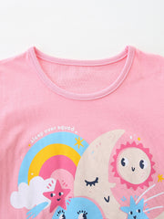 Pink cotton crew neck t-shirt with celestial graphic and "sleep over squad" text.