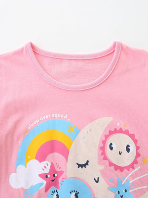 Pink cotton crew neck t-shirt with celestial graphic and "sleep over squad" text.