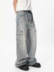 Relaxed fit light wash denim cargo jeans with vintage appeal and a black belt.