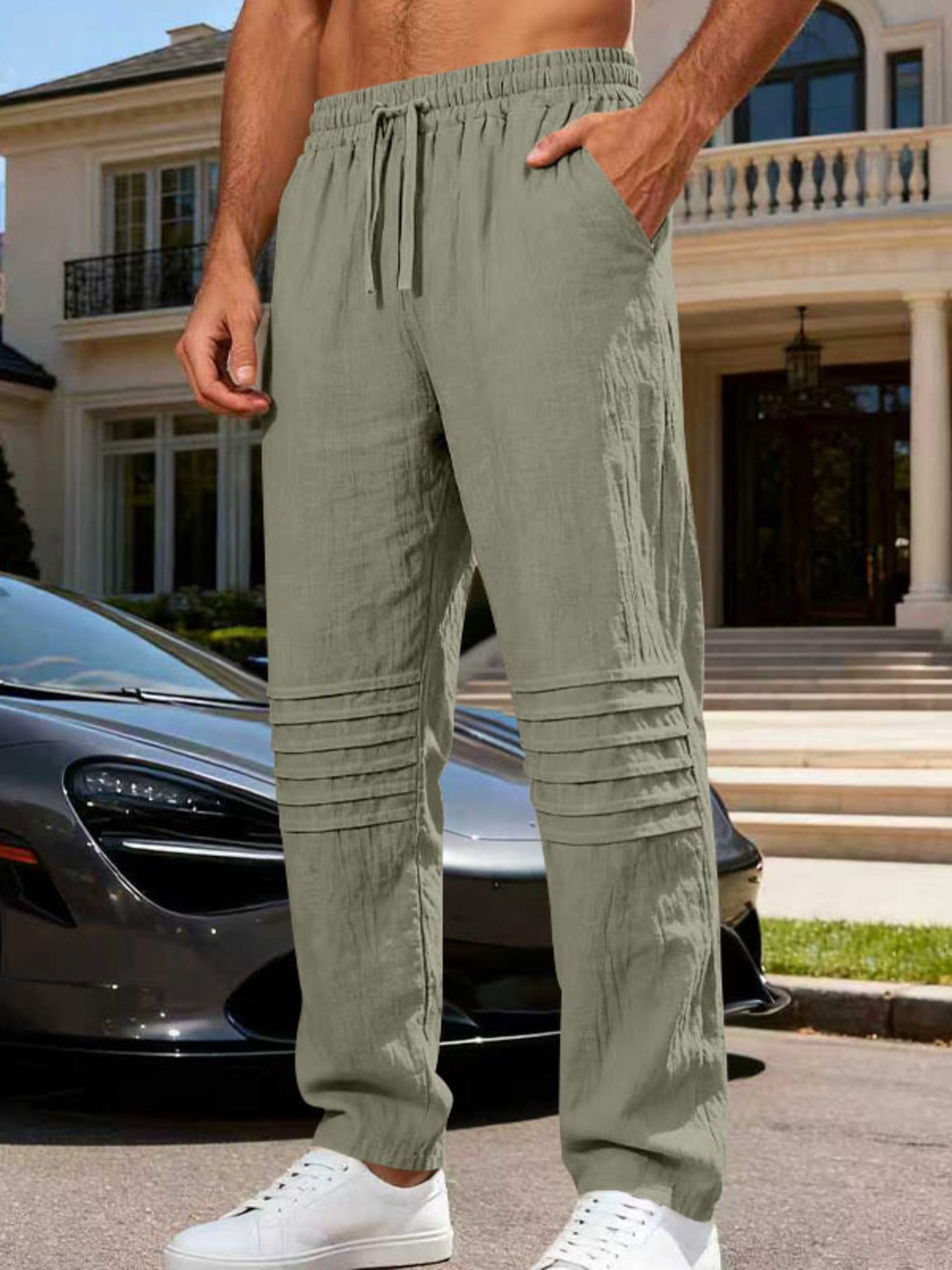 Men's Army Green linen-blend drawstring sweatpants with pleated detail