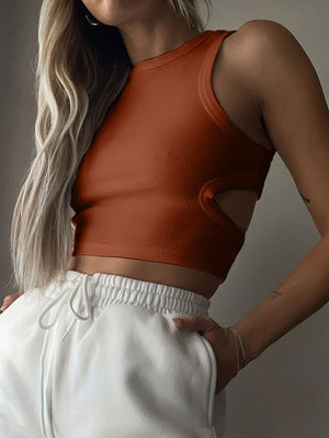 Ribbed cutout crop top in Moss, Orange, Black, White, Caramel, Lemon, Lavender, Gray, Mid Green.