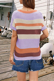 Coastal Stripe Knit Tee with short sleeves and a crew neck, featuring horizontal stripes in lavender, tan, rust, and maroon.