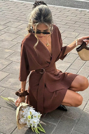 Surplice Half Sleeve Mini Dress in Burgundy, fabric detail