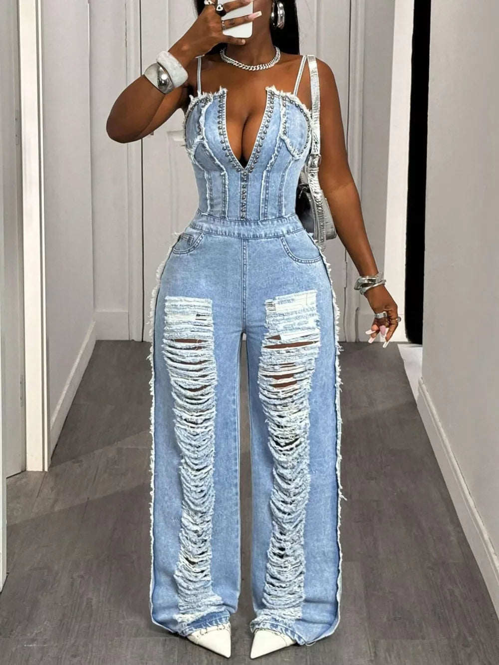 Distressed Spaghetti Strap Wide-leg Denim Jumpsuit, fabric detail