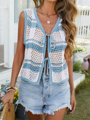 Striped openwork tie-front cardigan in blue and white crochet knit with a V-neck.