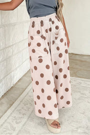 Polka Dot Wide Leg Elastic Waist Pants in Dust Storm, fabric detail