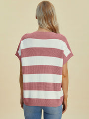 Bold Stripe Cap-Sleeve Knit Top in Dusty Pink and White horizontal stripes, casual knit.