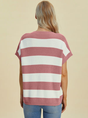 Bold Stripe Cap-Sleeve Knit Top in Dusty Pink and White horizontal stripes, casual knit.