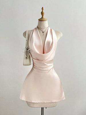 Satin Backless Halter Neck Mini Dress, front view
