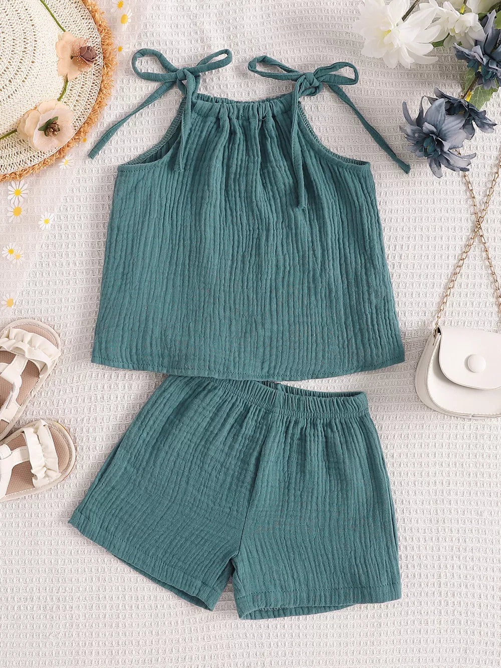 Children's Textured Cami And Shorts Set in Sea Blue, alternate angle