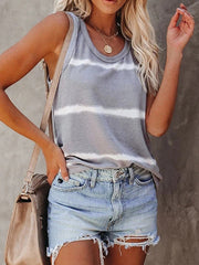 Gray and white striped scoop neck tank top with distressed denim shorts