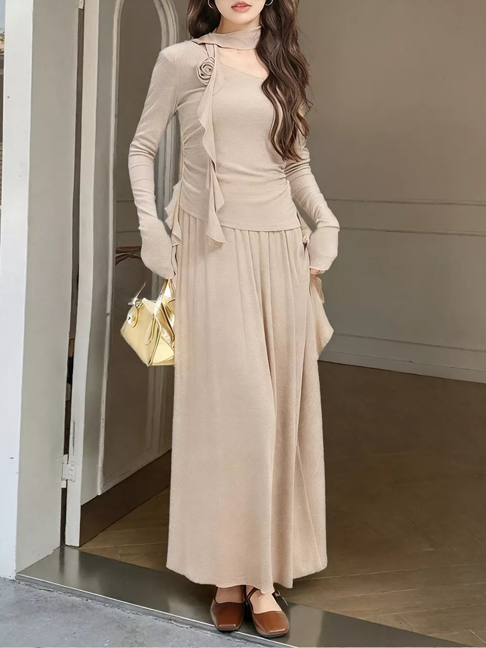 Ruffled Long Sleeve Knit Top And Maxi Skirt Set in Khaki, close-up detail