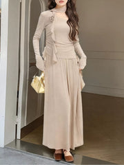Ruffled Long Sleeve Knit Top And Maxi Skirt Set in Khaki, close-up detail