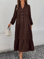 Brown tiered ruffle hem v-neck dress with button front and bell sleeves.