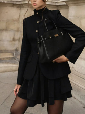 Elegant Stand Collar Blazer And Mini Skirt Set in Black, model styling view