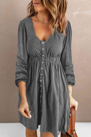 Gray button-down empire waist mini dress with V-neck and long sleeves