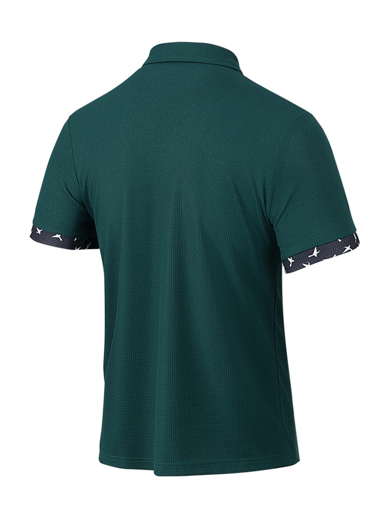Olive green waffle textured polo shirt with patterned cuffs