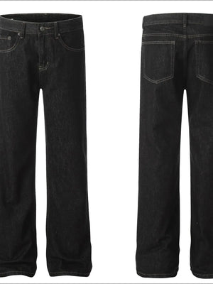 Dark wash denim jeans for men with classic pocket styling and a straight leg cut.