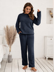 Plush raglan sleeve loungewear set in dark blue with crew neck and relaxed fit pants.