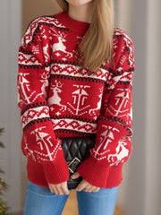 Reindeer Fair Isle crew neck sweater in deep red with white and black pattern.