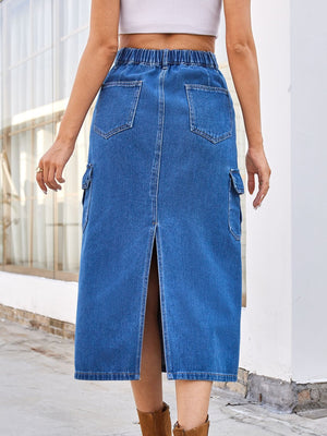 Medium wash denim midi skirt with cargo pockets and front slit