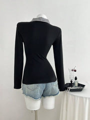 Gingham Collar Long Sleeve T-shirt, model styling view