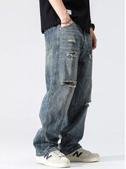 Men's Distressed Loose Fit Jeans in Blue, side view