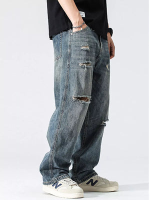 Men's Distressed Loose Fit Jeans in Blue, side view