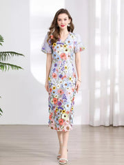Embroidered Floral Puff Sleeve Midi Dress